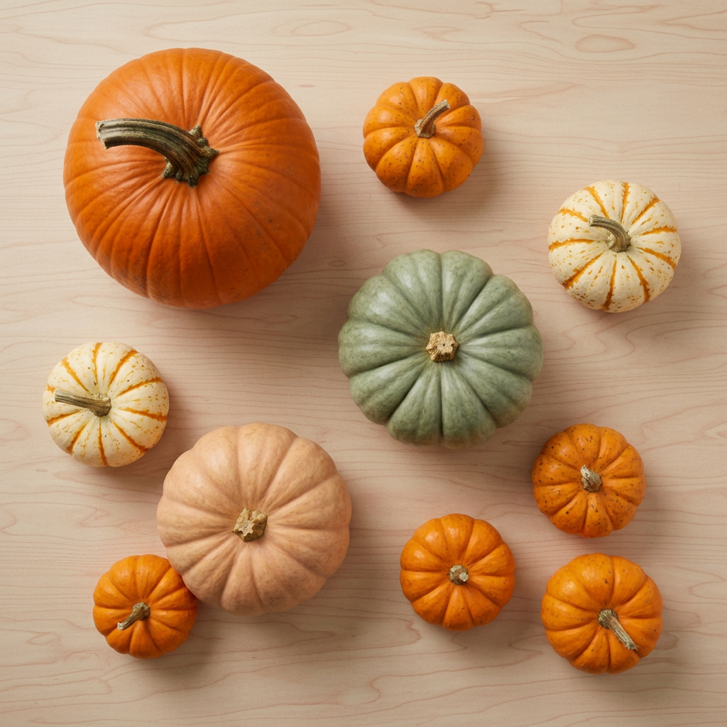 Pumpkin collection card on a warm wood background