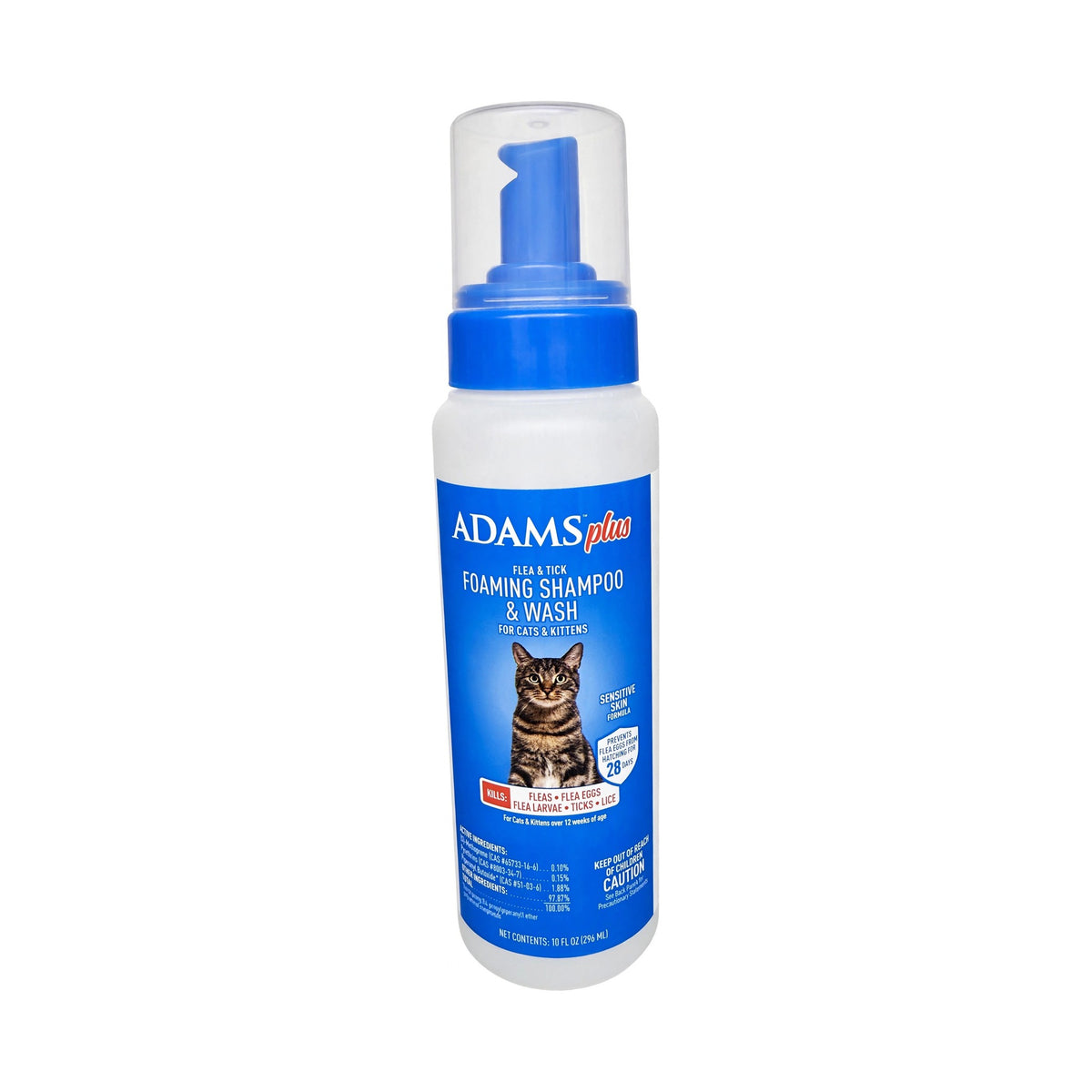 Adams Plus Flea & Tick Foaming Shampoo and Wash for cats and kittens, sensitive skin formula that kills fleas, flea eggs, flea larvae, ticks and lice, 10 oz