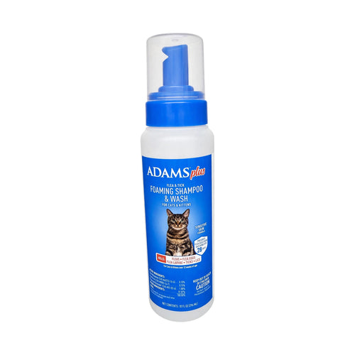 Adams Plus Flea & Tick Foaming Shampoo and Wash for cats and kittens, sensitive skin formula that kills fleas, flea eggs, flea larvae, ticks and lice, 10 oz