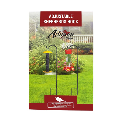 Ashman Adjustable Shepherds Hooks retail box, set of 2 black steel garden hooks for hanging bird feeders