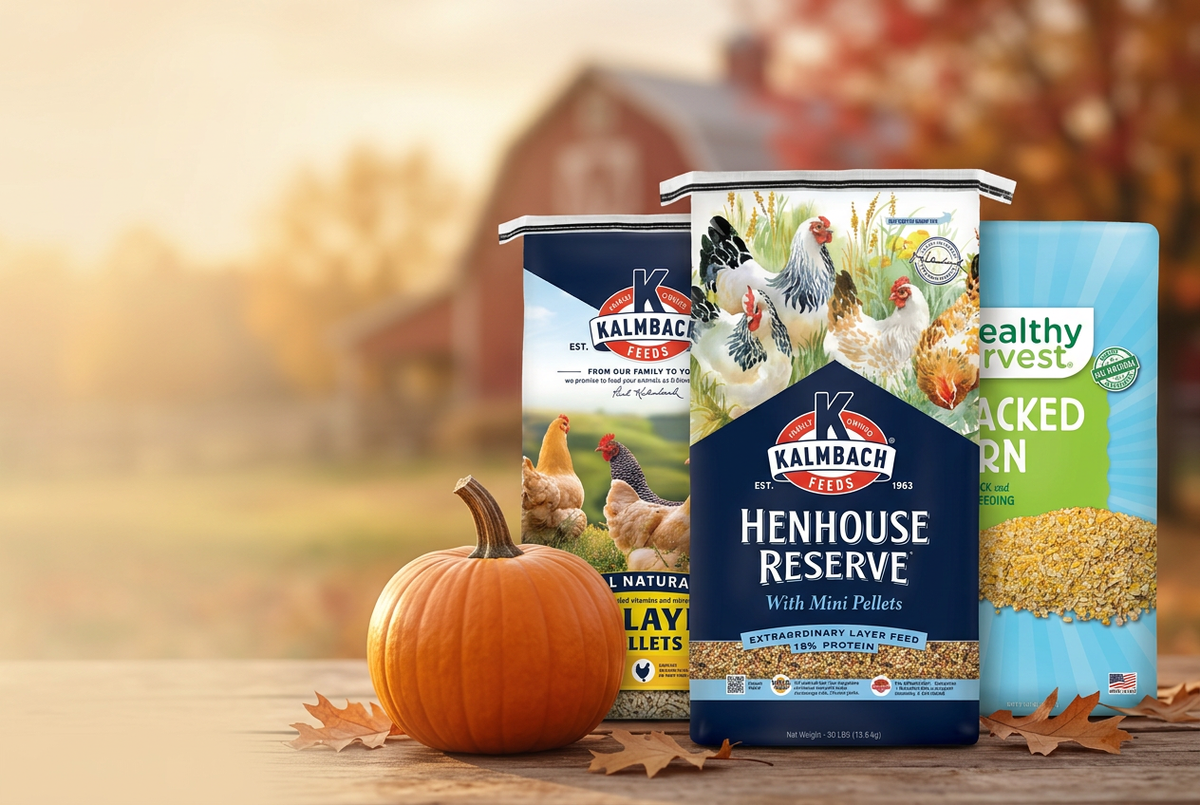 Autumn feed promotion banner with three feed bags and a pumpkin