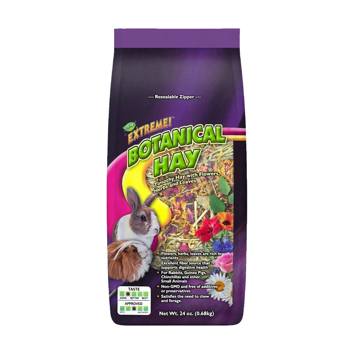 Brown's Extreme! Botanical Hay 24 oz bag front — timothy hay with flowers, herbs and leaves for rabbits and guinea pigs