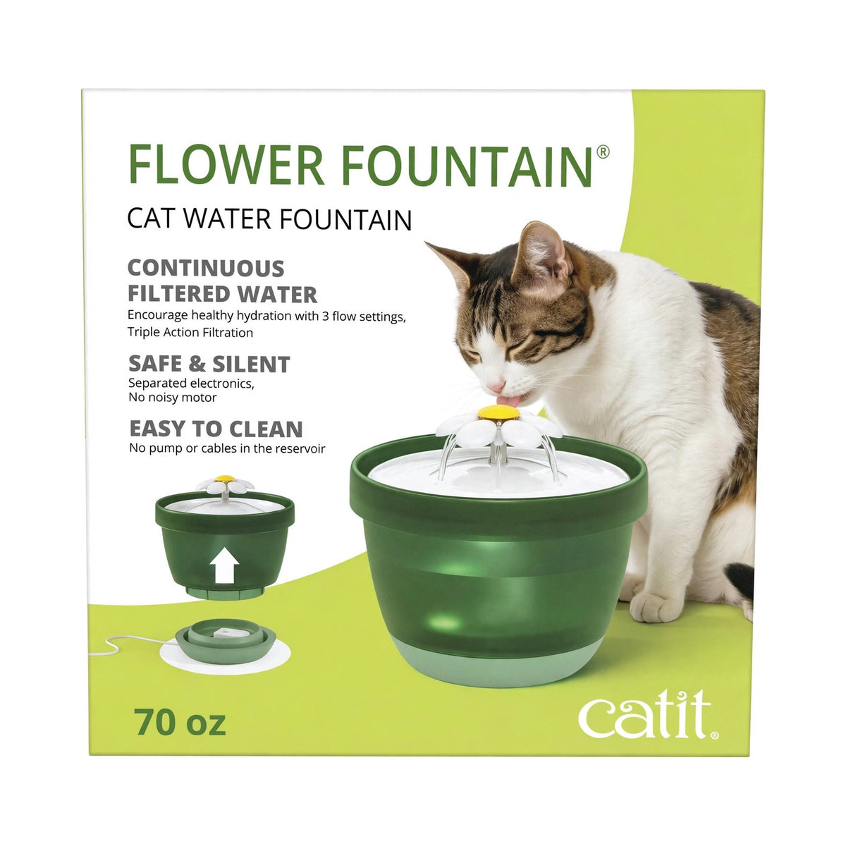 Catit Flower Fountain 70 oz cat water fountain box with a tabby and white cat drinking from the green flower-top fountain - continuous filtered water with 3 flow settings