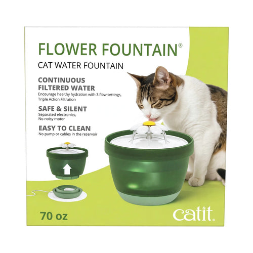 Catit Flower Fountain 70 oz cat water fountain box with a tabby and white cat drinking from the green flower-top fountain - continuous filtered water with 3 flow settings