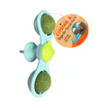 Catstages Catnip Spinner cat toy in aqua with two green catnip balls and twist-in mount for corrugated scratchers