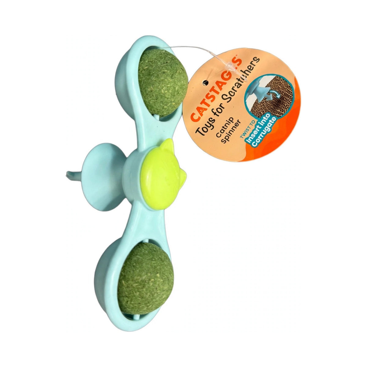 Catstages Catnip Spinner cat toy in aqua with two green catnip balls and twist-in mount for corrugated scratchers
