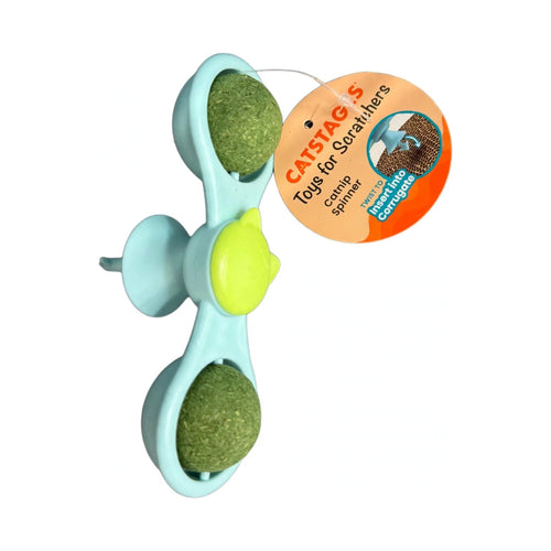 Catstages Catnip Spinner cat toy in aqua with two green catnip balls and twist-in mount for corrugated scratchers
