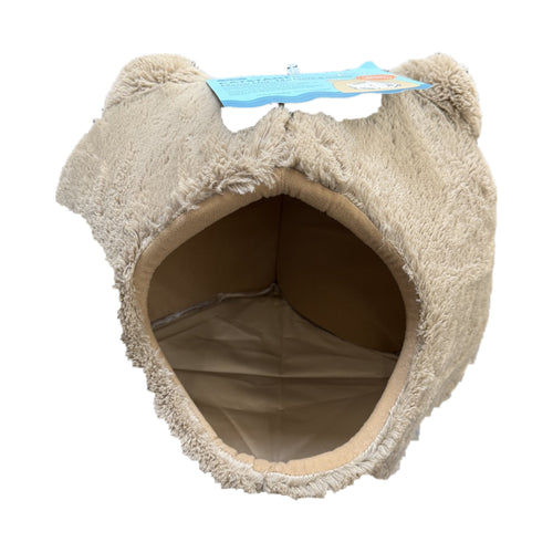 Catstages Meow Hut plush tan cat cave bed with cat ears on top and a fabric-lined interior