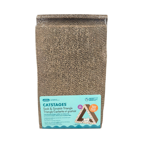Catstages Seek & Scratch Triangle corrugate cardboard cat scratcher toy, folded flat in retail packaging