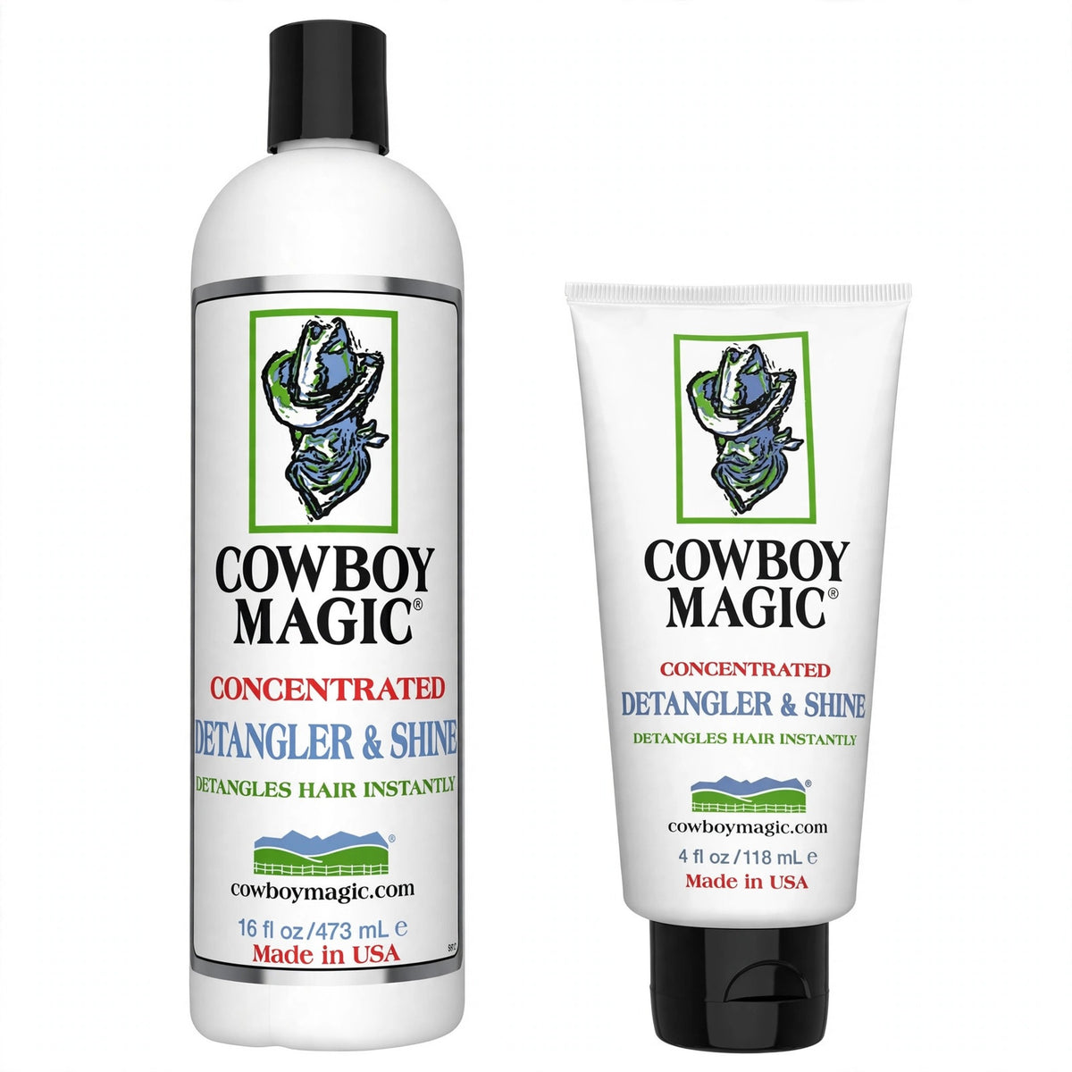 Cowboy Magic Concentrated Detangler & Shine 16 oz bottle and 4 oz tube side by side, detangles hair instantly