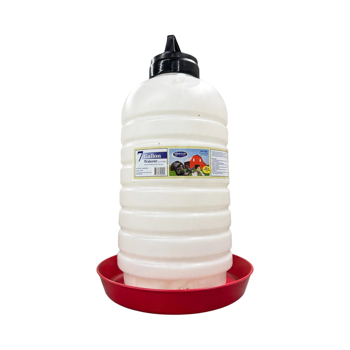 Farm-Tuff Top Fill Waterer 7 gallon white poultry waterer jug with black top-fill spout cap on a red base pan