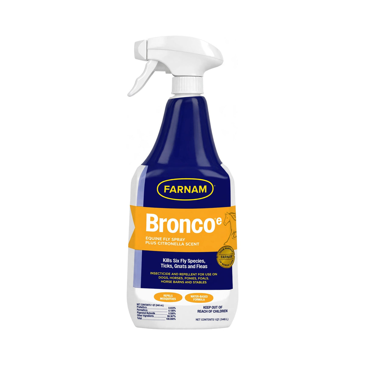 Farnam Bronco Equine Fly Spray Plus Citronella Scent trigger spray bottle, 32 fl oz