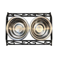Gofetch stainless steel double diner elevated pet feeder with two removable bowls in a black scrollwork stand