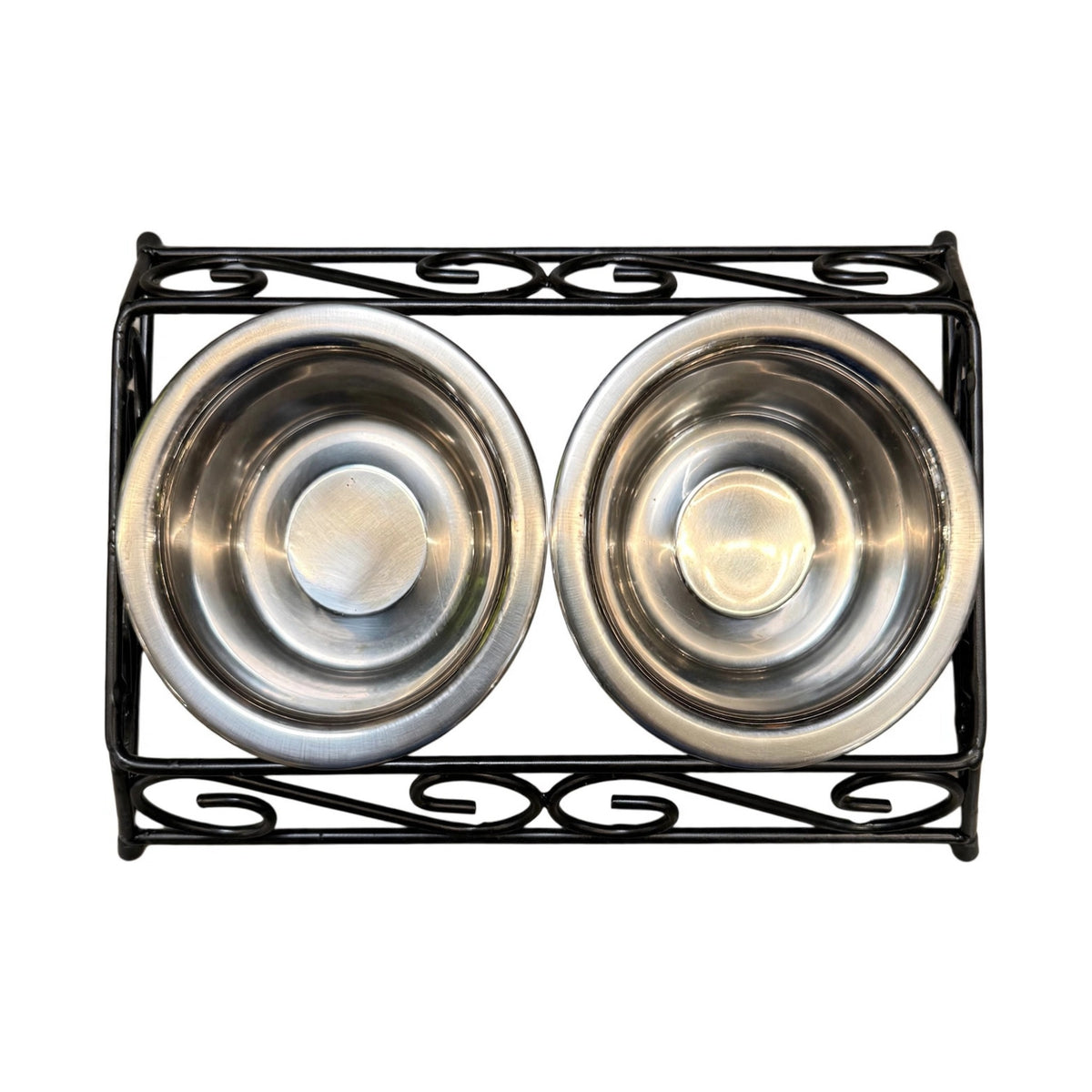 Gofetch stainless steel double diner elevated pet feeder with two removable bowls in a black scrollwork stand