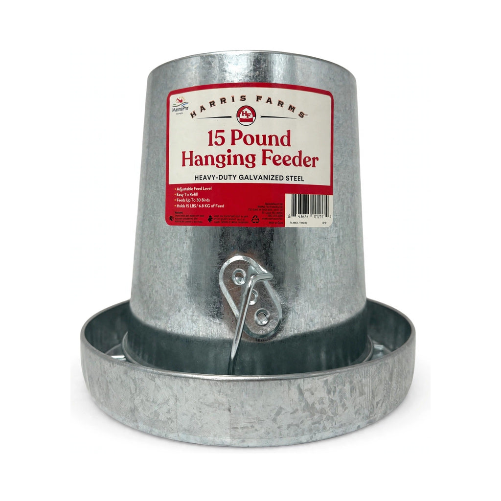 Harris Farms 15 lb Hanging Feeder heavy-duty galvanized steel poultry feeder with base pan and hanging bracket