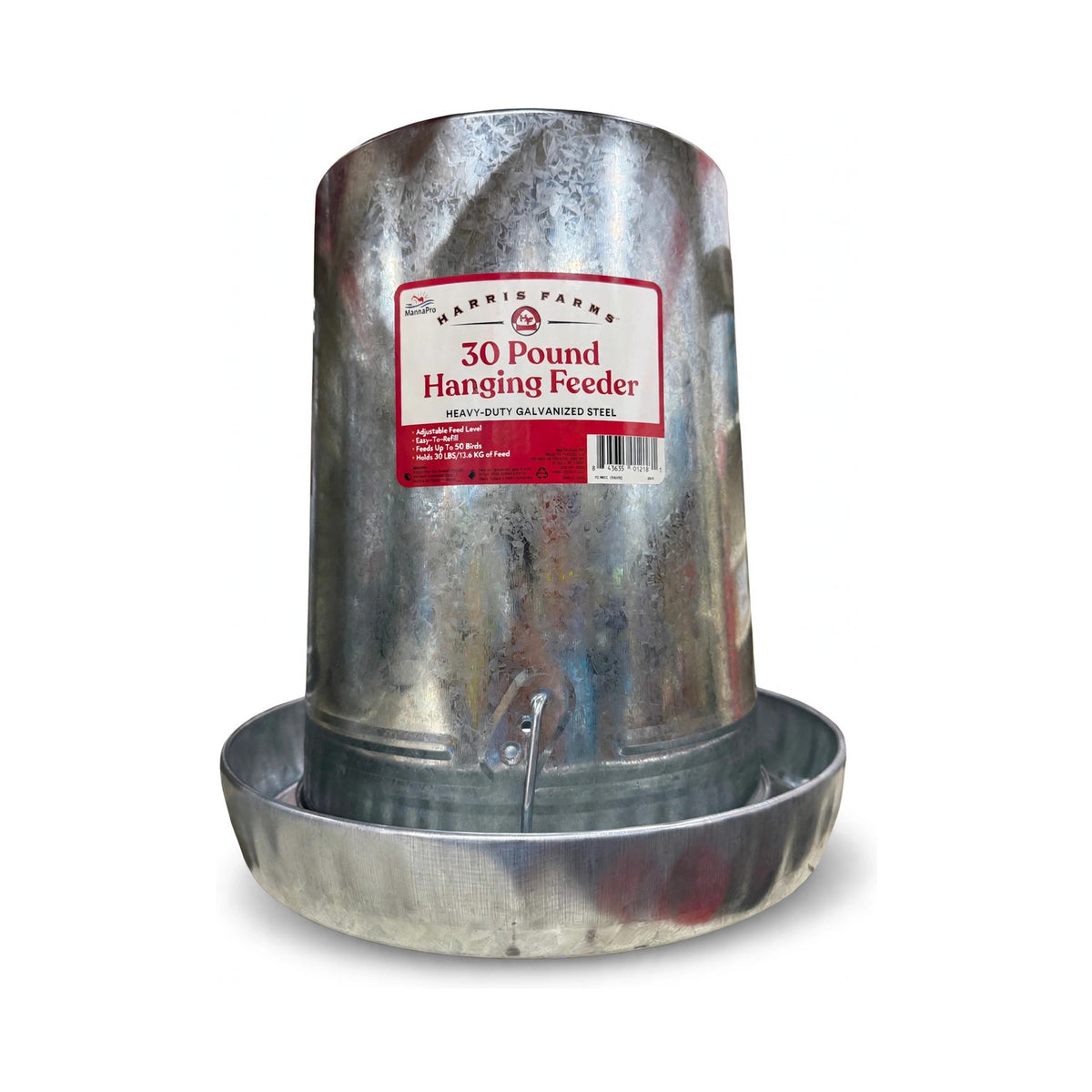 Harris Farms 30 lb Hanging Feeder heavy-duty galvanized steel poultry feeder with base pan and hanging bracket