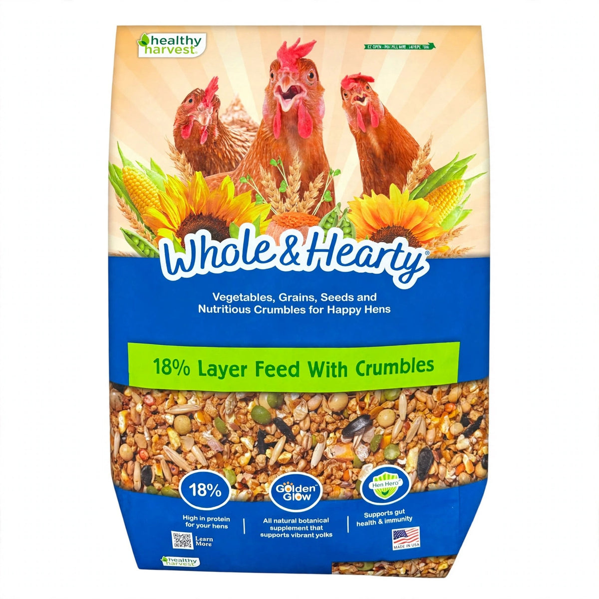 Healthy Harvest Whole & Hearty 18% Layer Feed with Crumbles, 40 lb bag