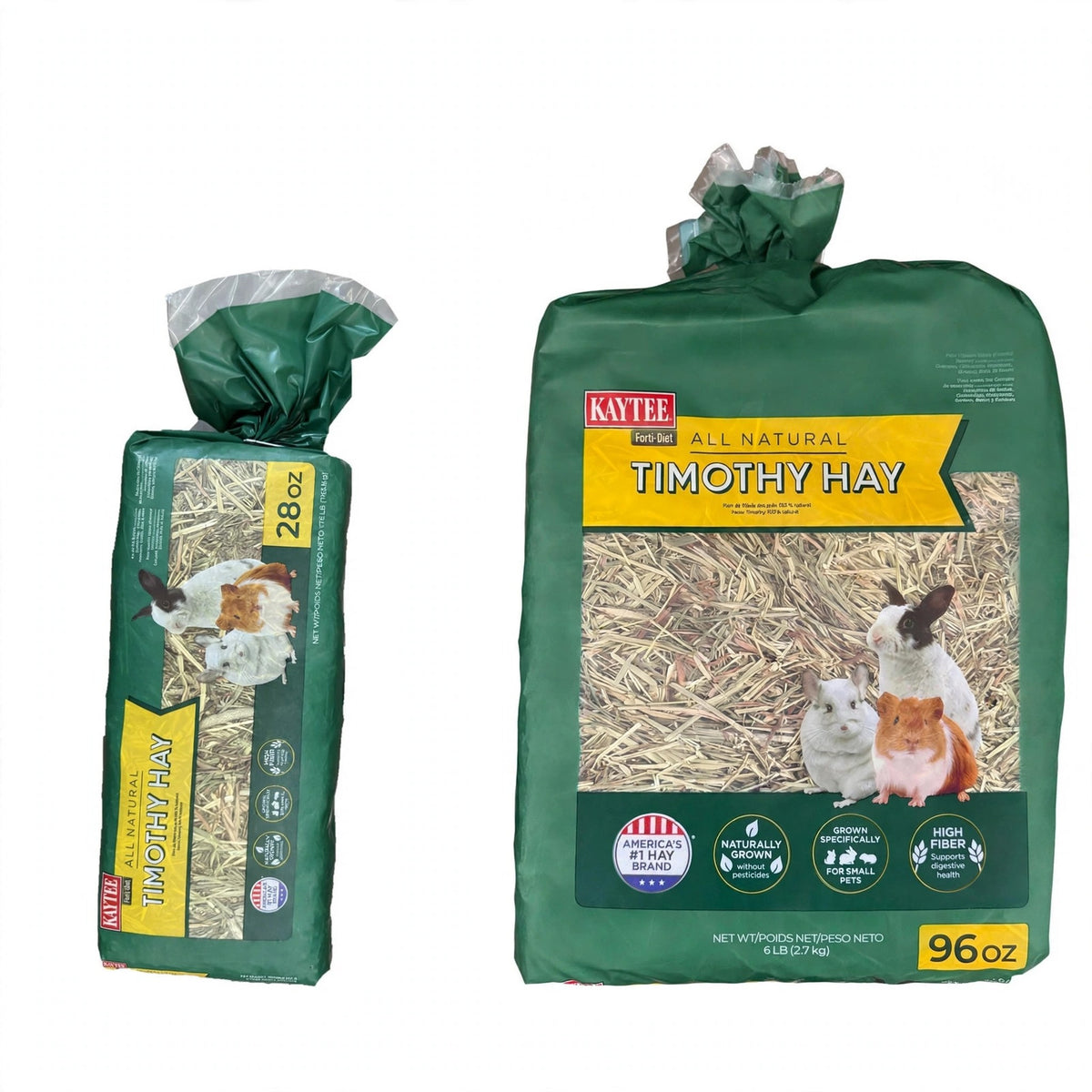 Kaytee Forti-Diet All Natural Timothy Hay bags in 28 oz and 96 oz sizes side by side