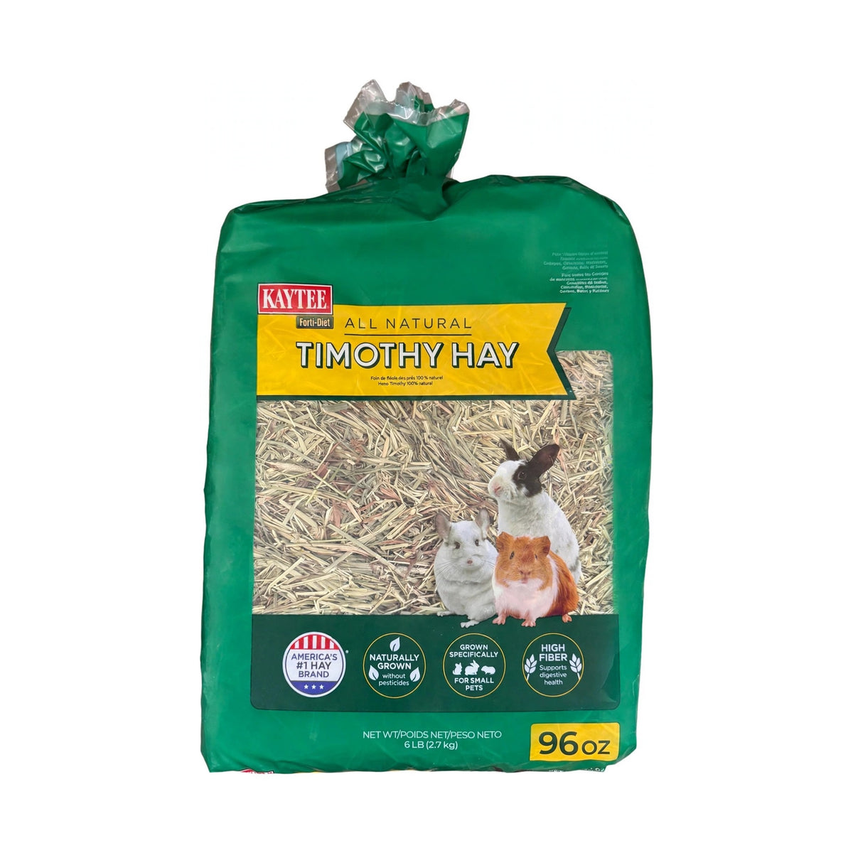 Kaytee Forti-Diet All Natural Timothy Hay 96 oz bag, net wt 6 lb (2.7 kg), for rabbits, guinea pigs, chinchillas and other small pets