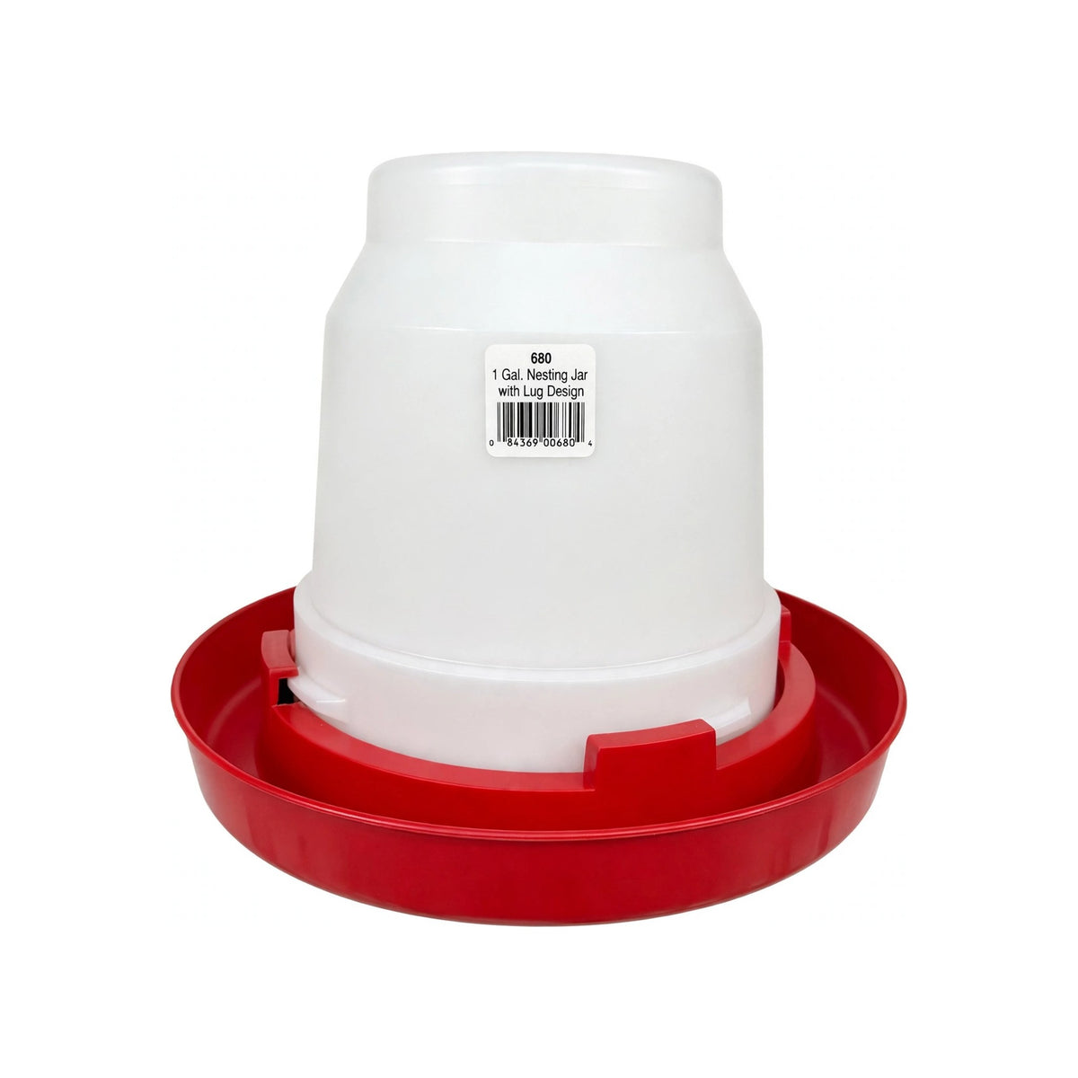 Little Giant nesting waterer assembled: 1 gallon nesting jug seated in the red waterer base