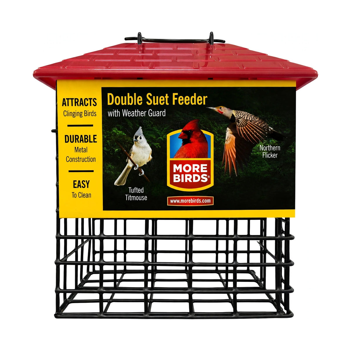 More Birds Double Suet Feeder with Weather Guard black metal cage with red roof