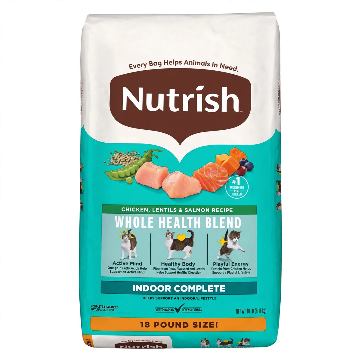 Nutrish Indoor Complete Chicken, Lentils & Salmon Dry Cat Food, 18 lb bag