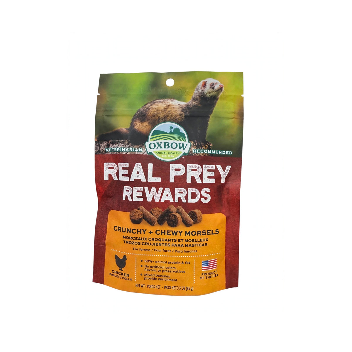 Oxbow Real Prey Rewards chicken ferret treats pouch, crunchy and chewy morsels, 3 oz