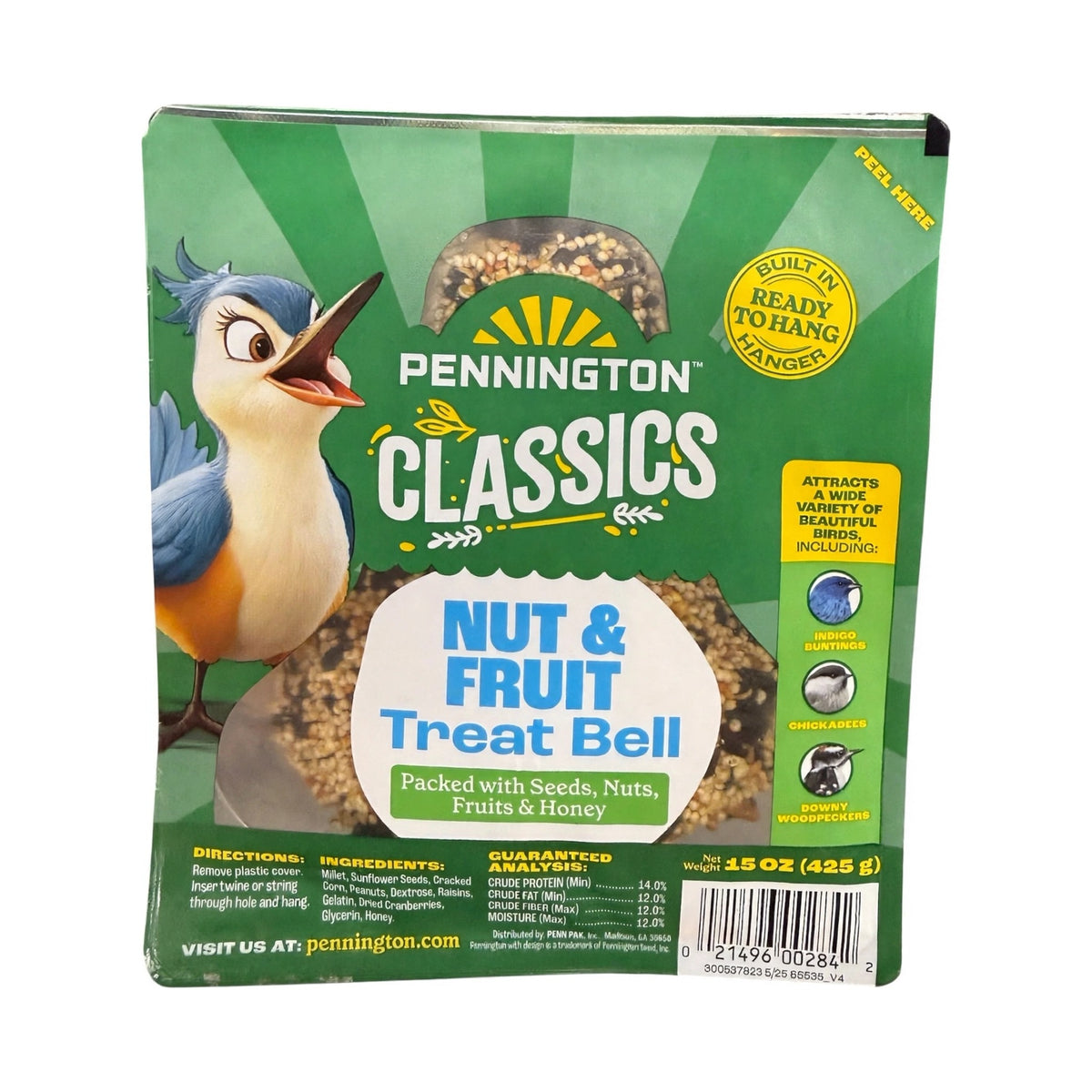 Pennington Classics Nut & Fruit Treat Bell with seeds, nuts, fruits and honey for wild birds, 15 oz