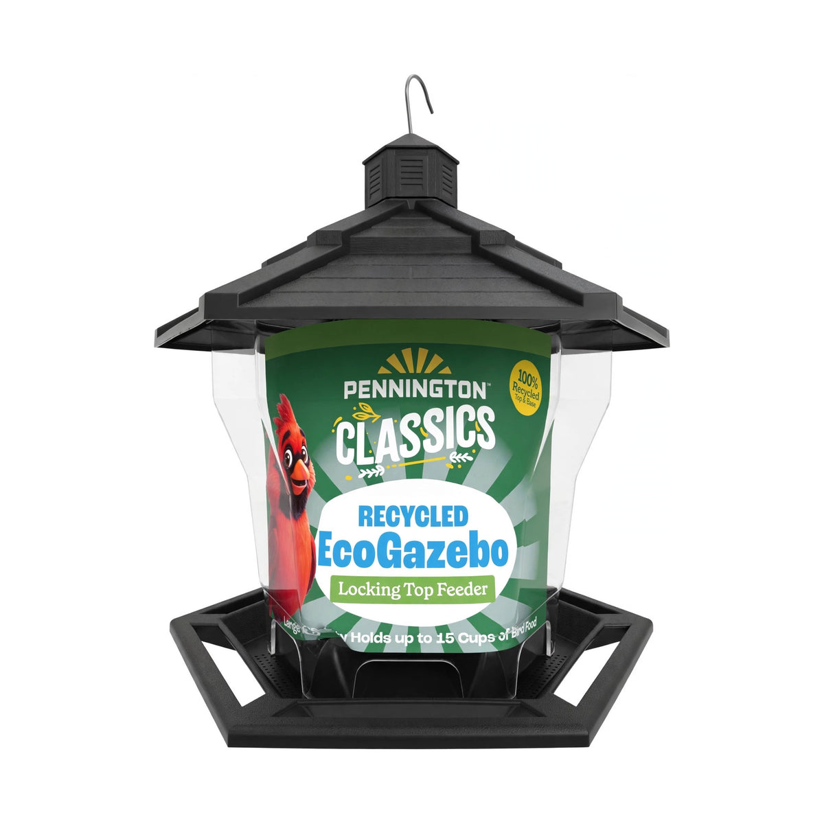 Pennington Classics Recycled EcoGazebo locking top bird feeder in black with gazebo roof and wide feeding tray, holds up to 15 cups of bird food