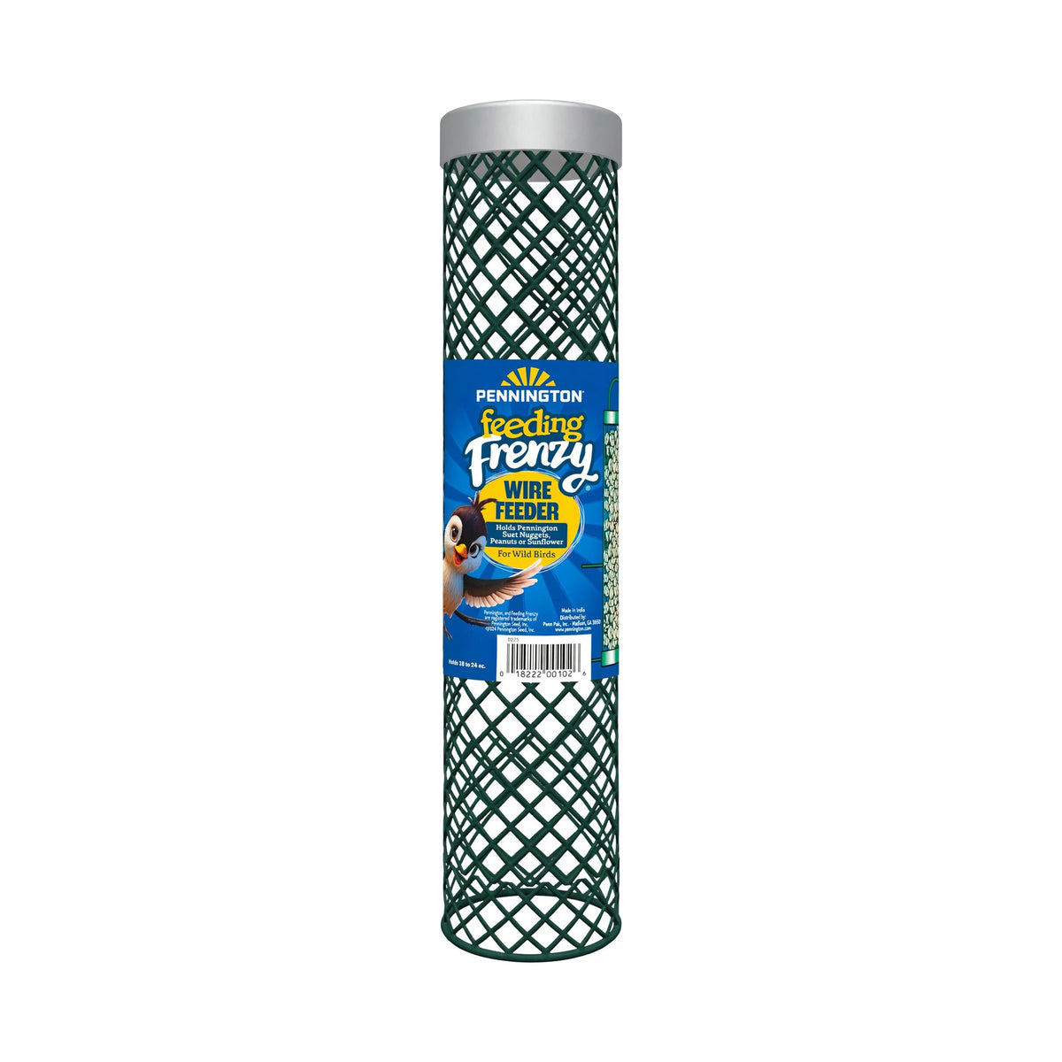 Pennington Feeding Frenzy Wire Suet Nugget Feeder - green diamond wire mesh tube feeder with silver metal top for wild birds