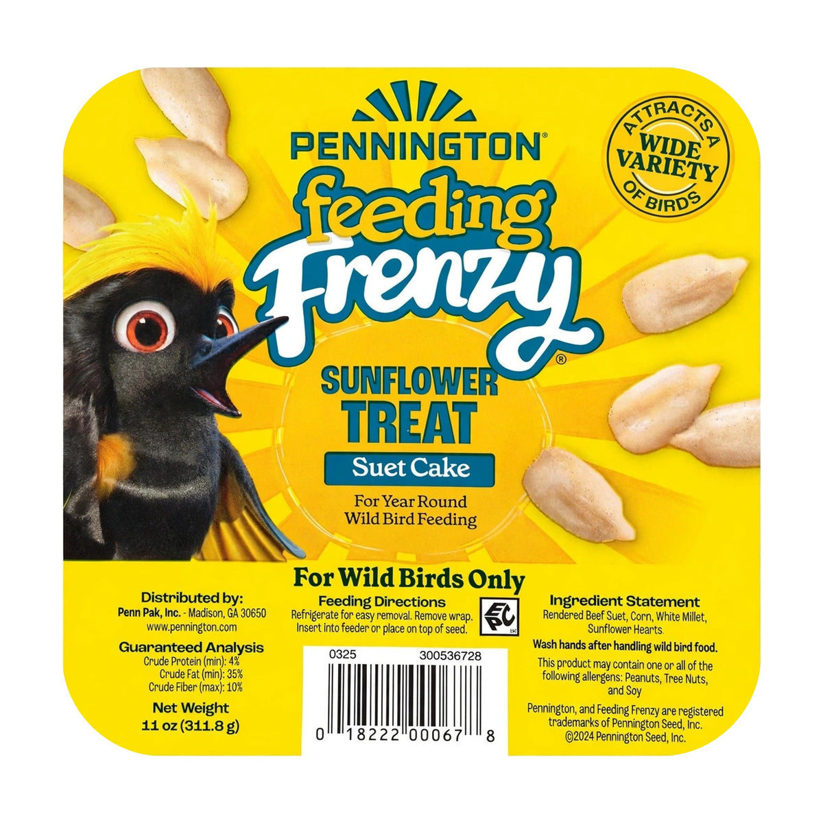 Pennington Feeding Frenzy Sunflower Treat Suet Cake, 11 oz