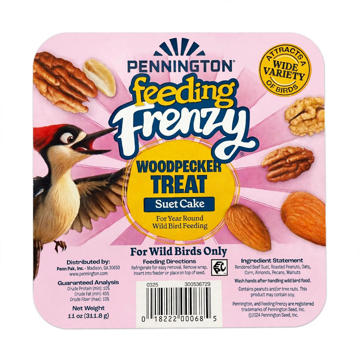 Pennington Feeding Frenzy Woodpecker Treat Suet Cake label
