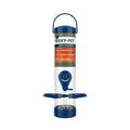 Perky-Pet 2-in-1 Tube Wild Bird Feeder in navy blue with 4 feeding ports and clear seed tube