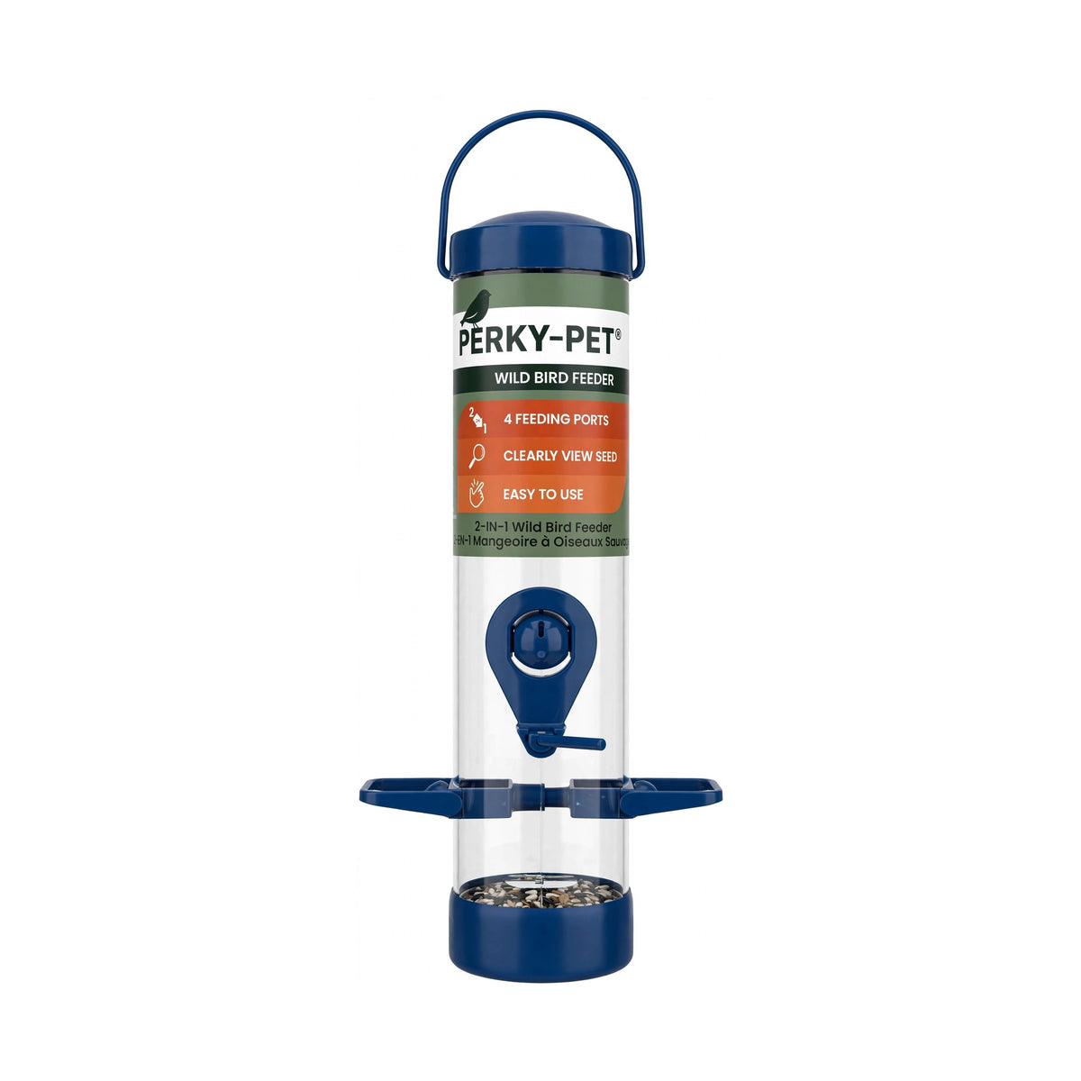 Perky-Pet 2-in-1 Tube Wild Bird Feeder in navy blue with 4 feeding ports and clear seed tube