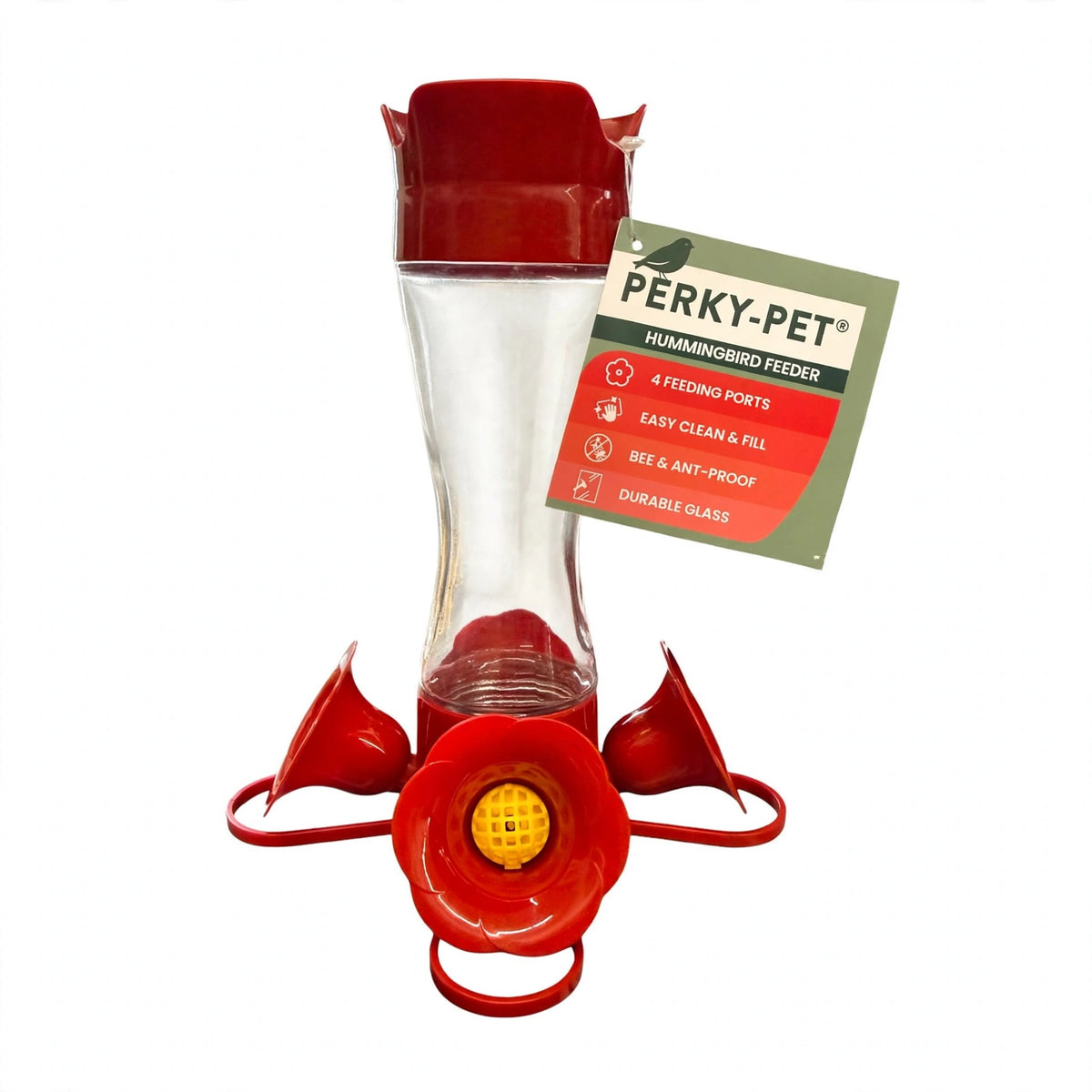 Perky-Pet Pinch-Waist Glass Hummingbird Feeder, Red, 8 oz