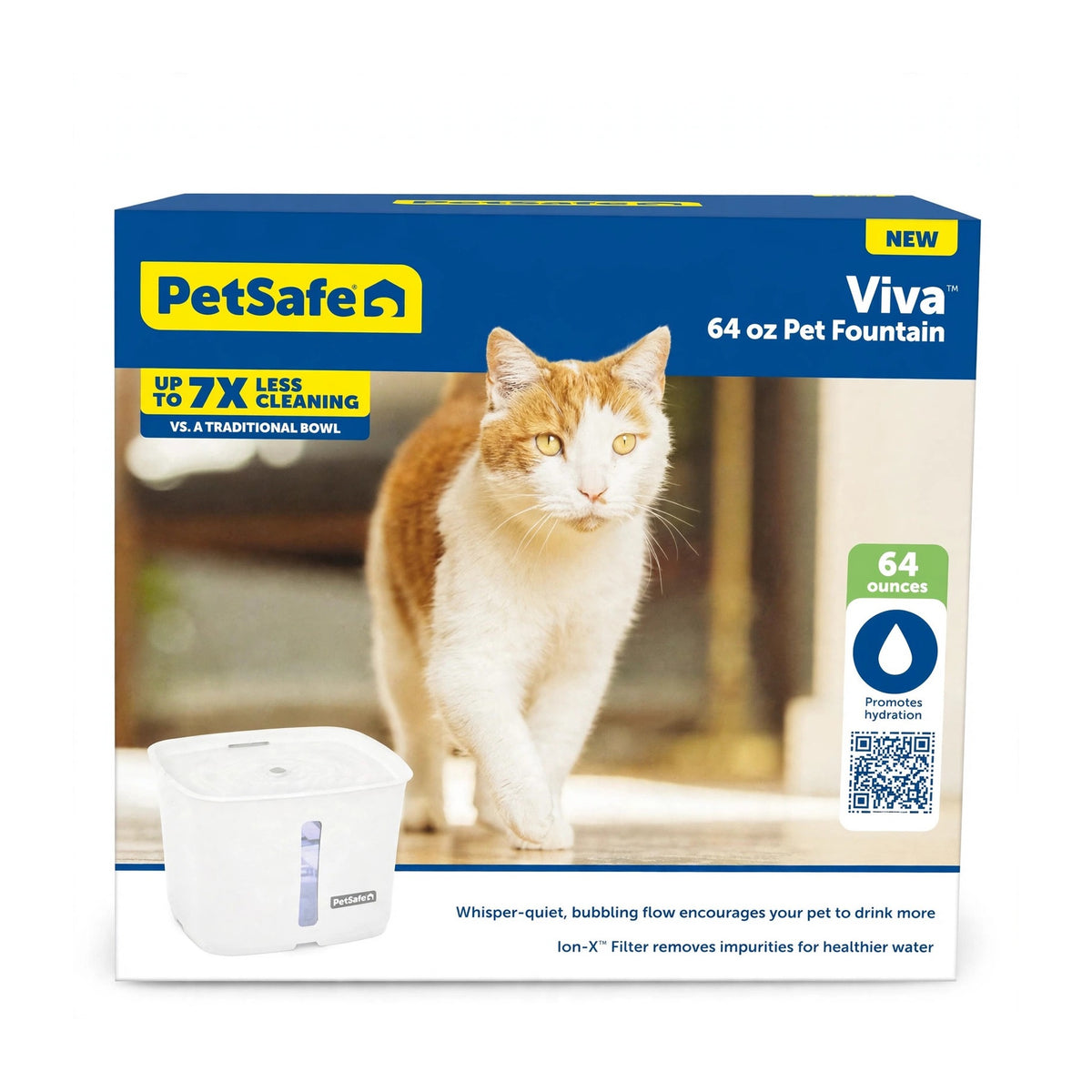 PetSafe Viva 64 oz Pet Fountain box with an orange and white cat and the white Viva fountain - whisper-quiet bubbling flow pet water fountain