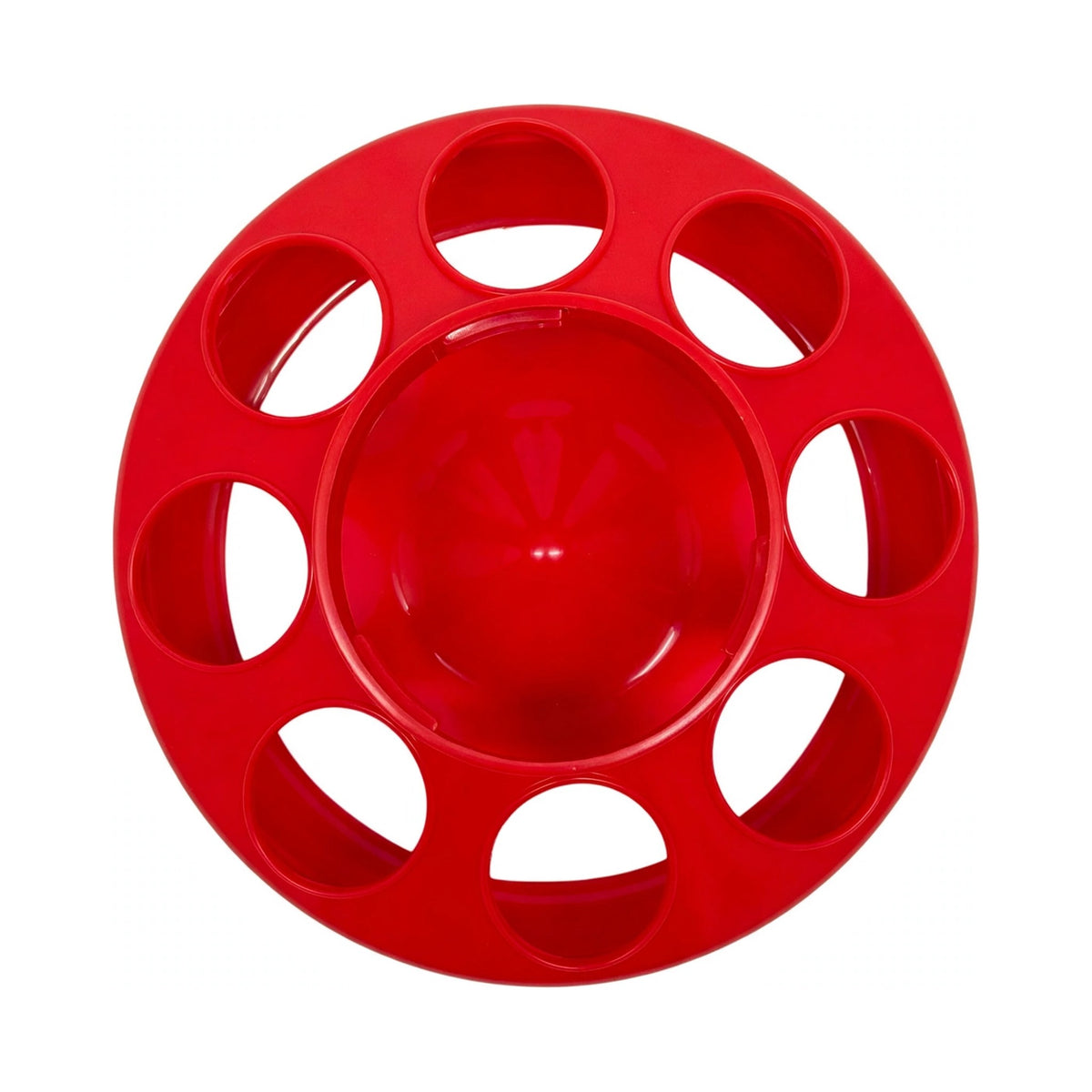Red plastic chick feeder base with 8 feeding holes, fits 1 quart jar