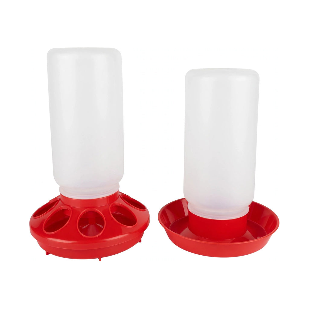 Assembled chick feeder and waterer with 1 quart jars on red feeder and waterer bases