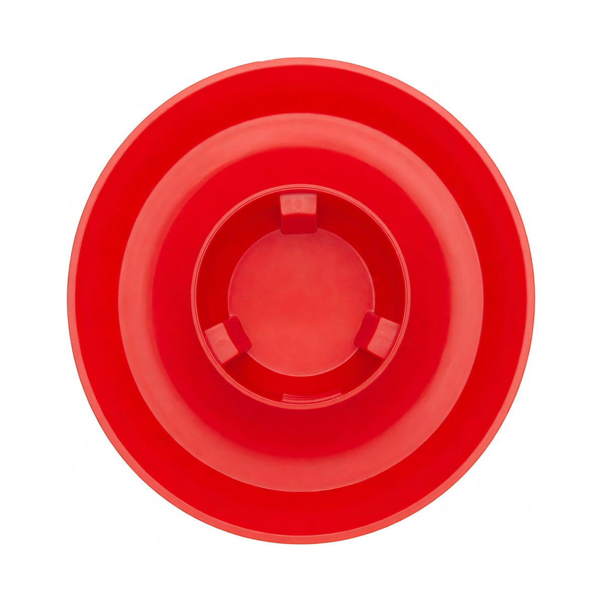 Red plastic chick waterer base with shallow drinking trough, fits 1 quart jar