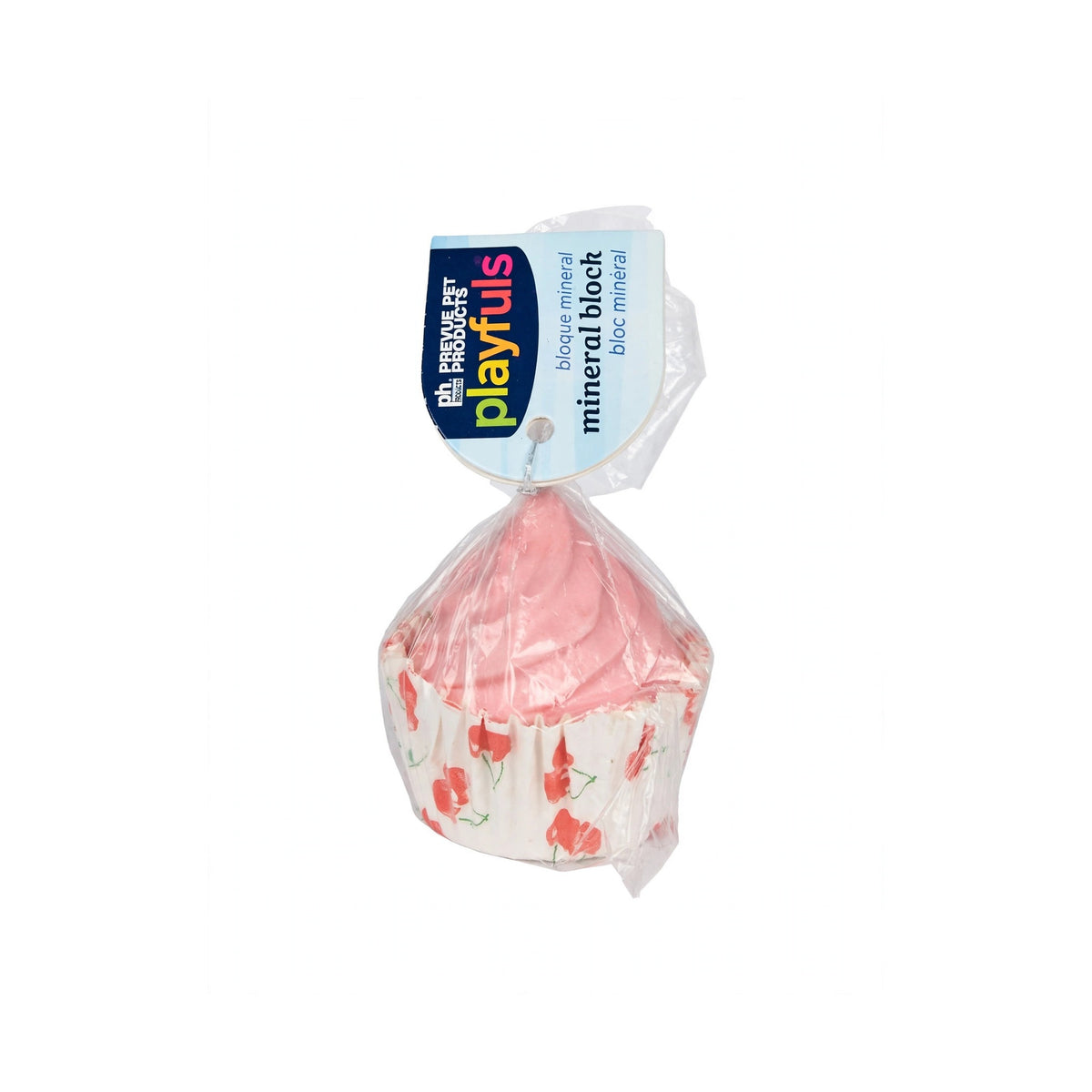 Prevue Pet Products Playfuls Cupcake Mineral Block, pink cupcake-shaped mineral block in a patterned cupcake wrapper
