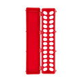 Red plastic flip-top chicken feeder trough shown open with hinged lid and 28 feeding holes