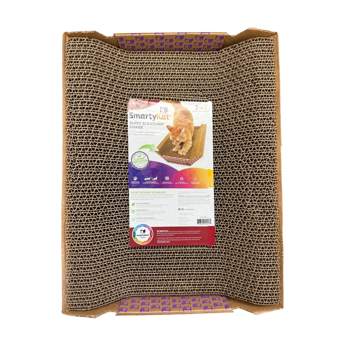 SmartyKat Super Scratcher Chaise corrugated cardboard cat scratcher and lounger with catnip infusion, front view on white background
