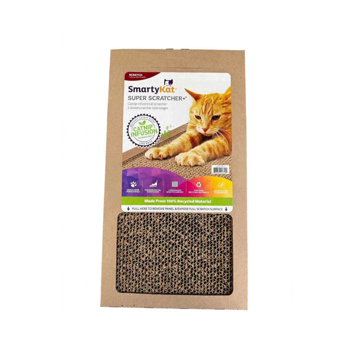 SmartyKat Super Scratcher+ catnip-infused corrugated cardboard cat scratcher pad with exposed honeycomb scratch surface, front view on white background