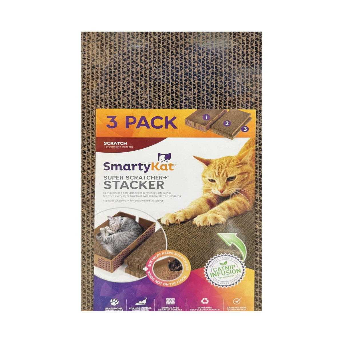 SmartyKat Super Scratcher+ Stacker 3 pack catnip infused corrugated cardboard cat scratcher box with refill pads, front view on white background