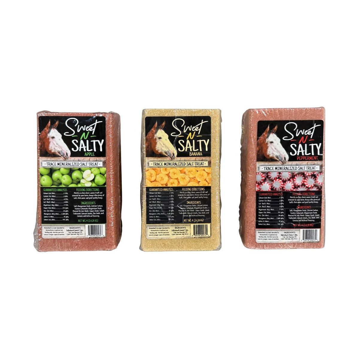 Sweet-N-Salty 4 lb horse mineral lick blocks in Apple, Banana and Peppermint flavors