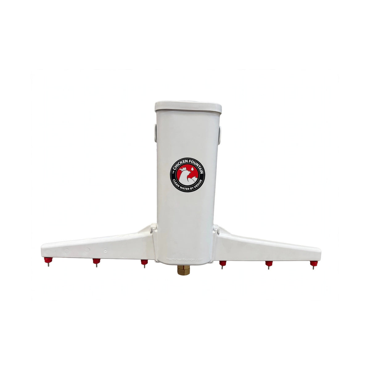 The Chicken Fountain Gen 2 Automatic Chicken Waterer white reservoir tower with nipple drinking bar