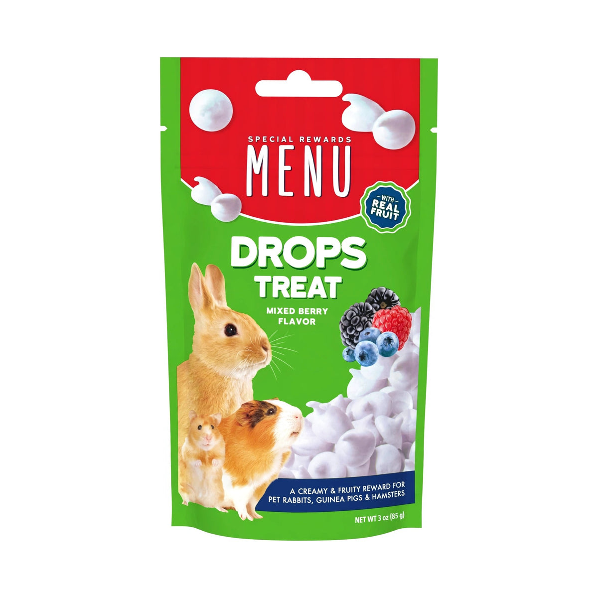 Vitakraft Menu Drops Treat Mixed Berry Flavor pouch, 3 oz, creamy and fruity reward for pet rabbits, guinea pigs and hamsters