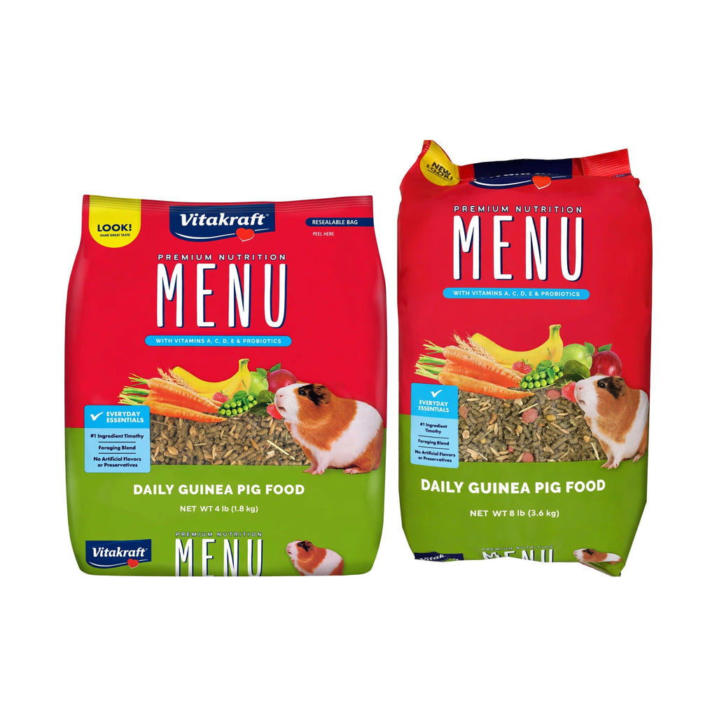 Vitakraft Menu Guinea Pig Food bags in 4lb and 8lb sizes side by side