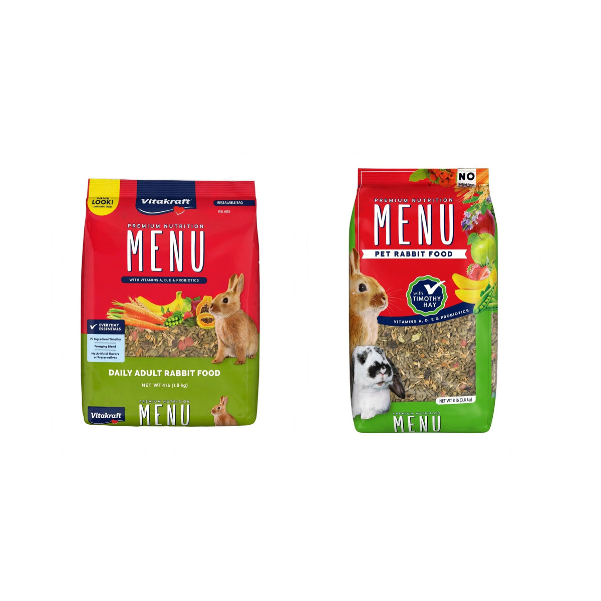 Vitakraft Menu Rabbit Food bags in 4lb and 8lb sizes side by side