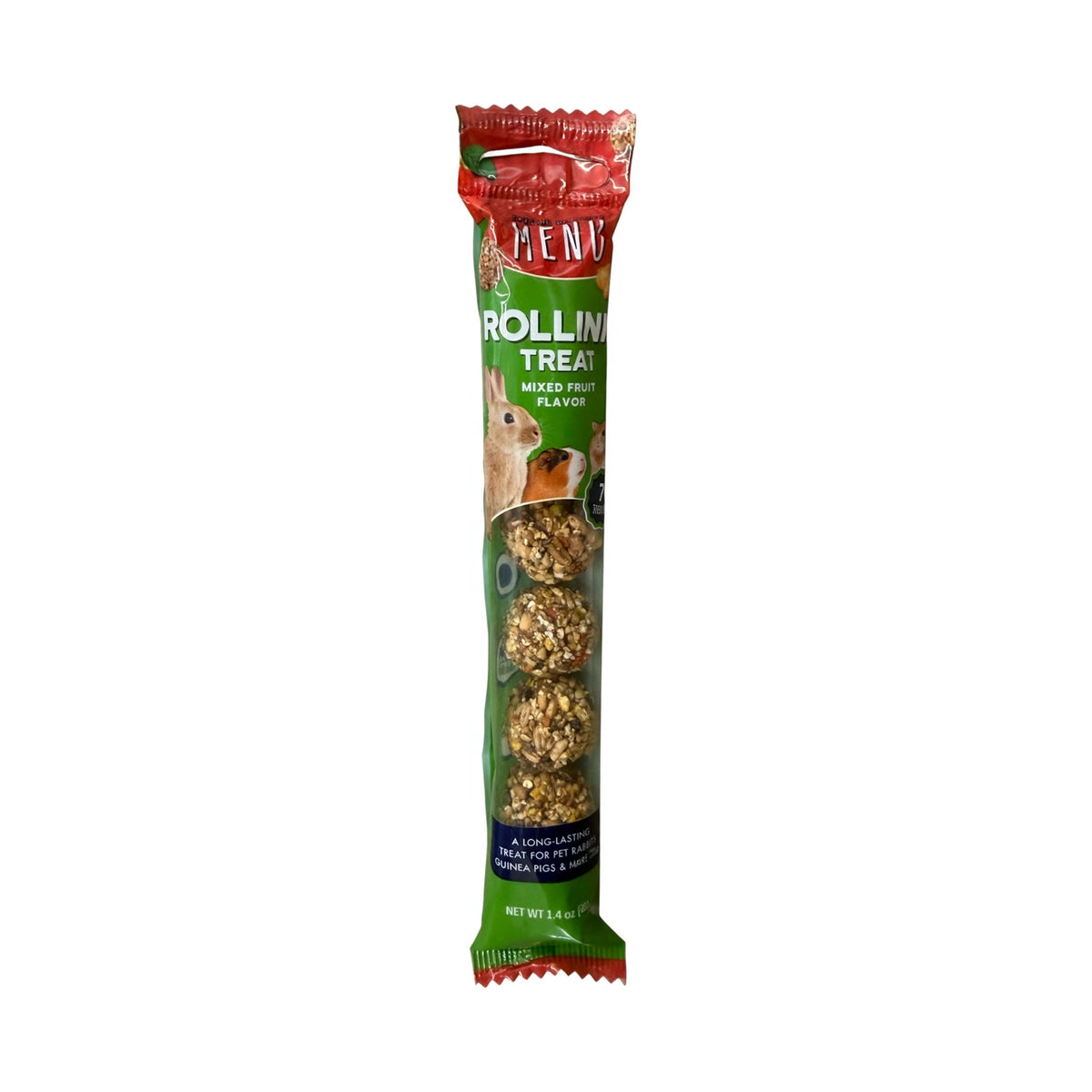 Vitakraft Menu Rollinis Mixed Fruit Treats package, long-lasting treat for pet rabbits and guinea pigs, 1.4 oz